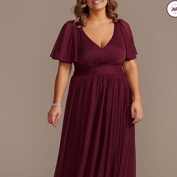 David’s bridal Flutter sleeve crisscross mesh Wine Bridesmaid Dress - Picture 1 of 6